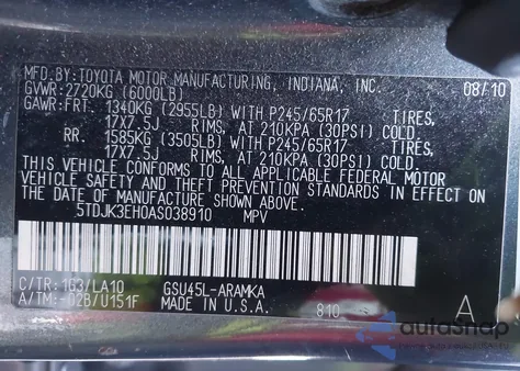2010 Toyota Highlander Se V6 from USA, damaged, VIN 5TDJK3EH0AS038910